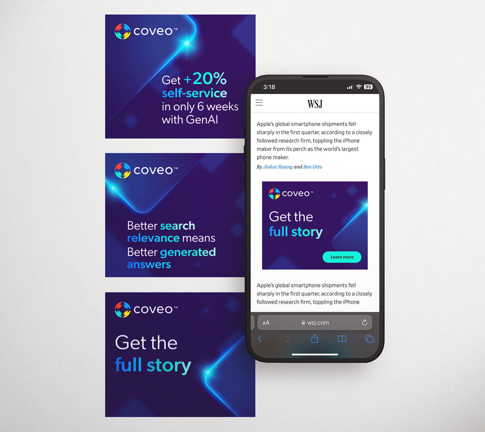 3 mobile square banners showing multiple Coveo ads. 