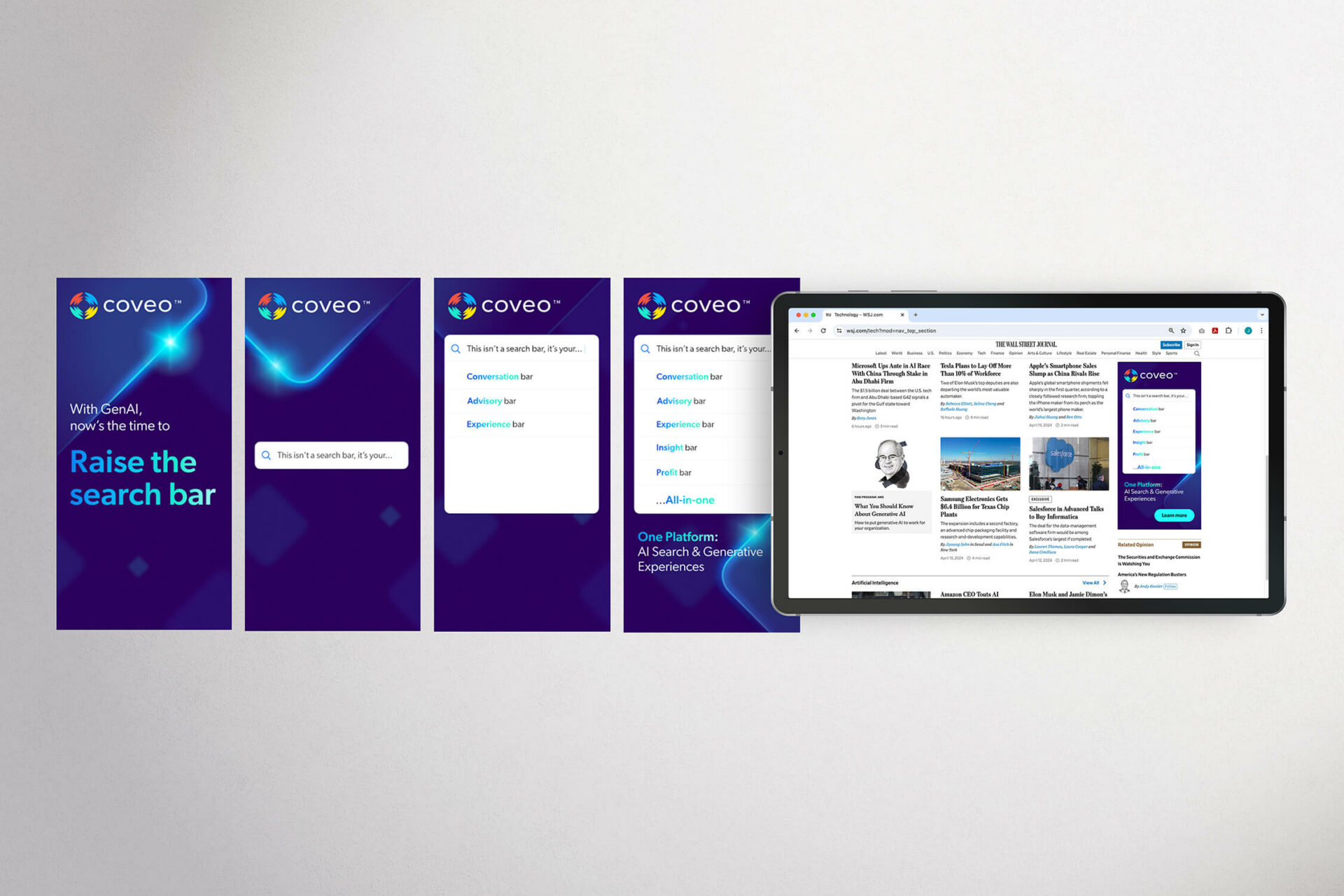 4 vertical Coveo banners  featured in the Wall Street Journal. 