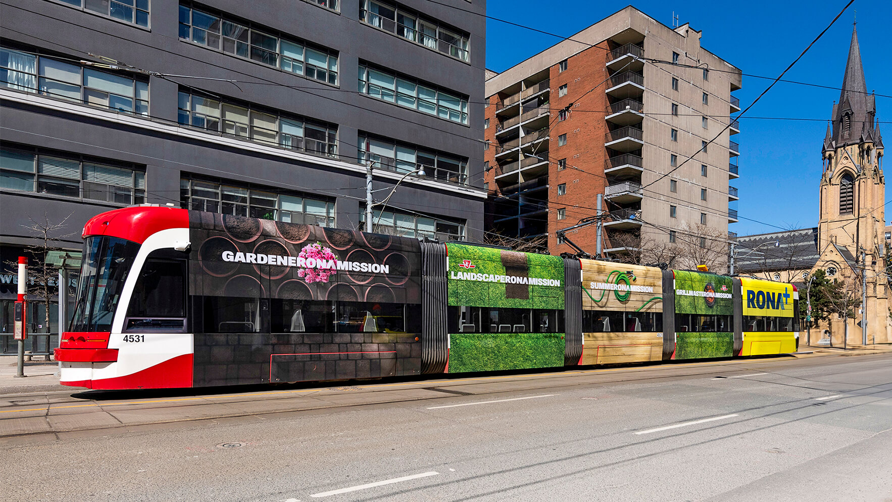 Toronto tramway wrapped in RONA ads.