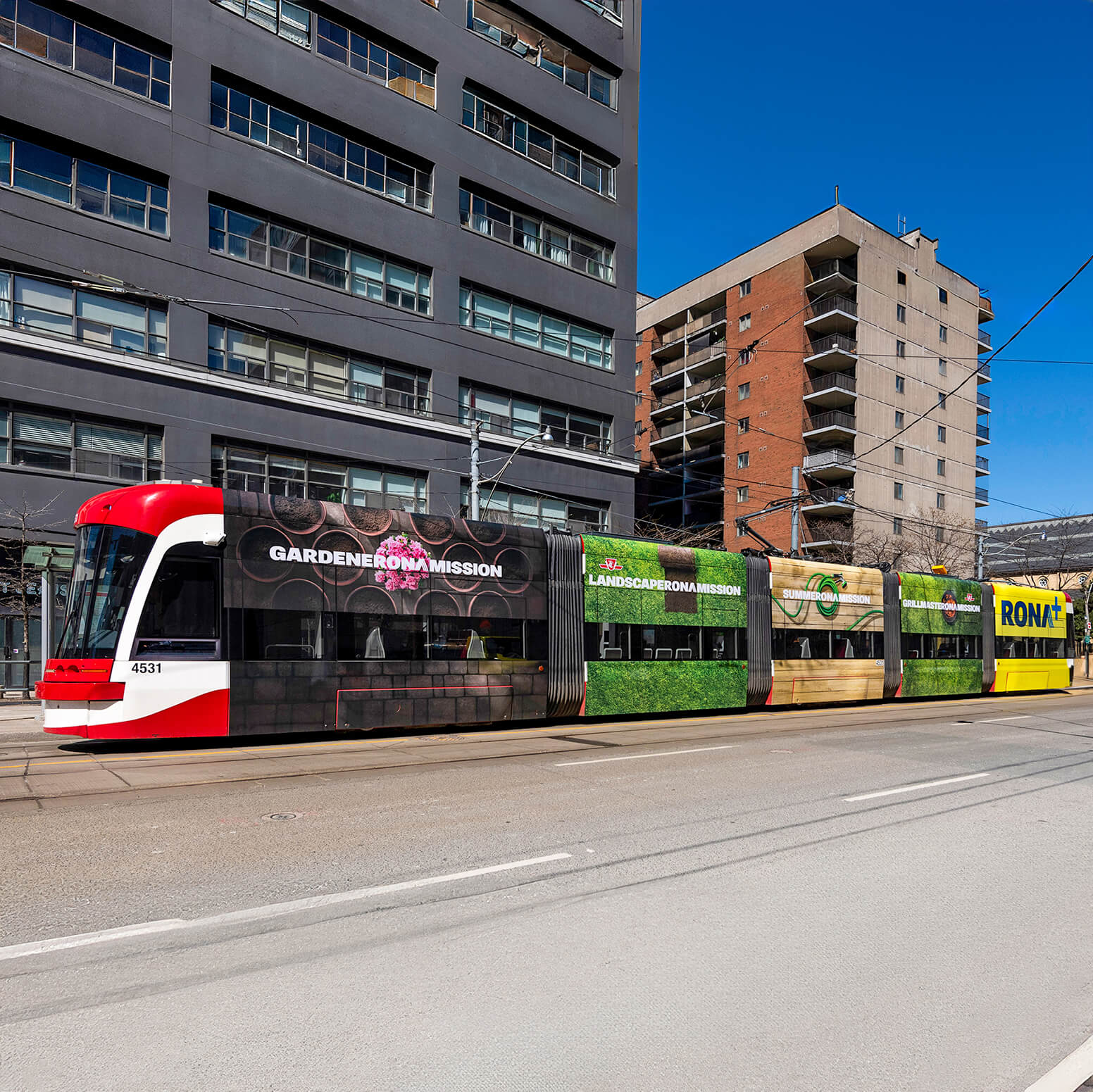 Full exterior tramway wrap featuring RONA spring campaign ads with bright seasonal visuals.