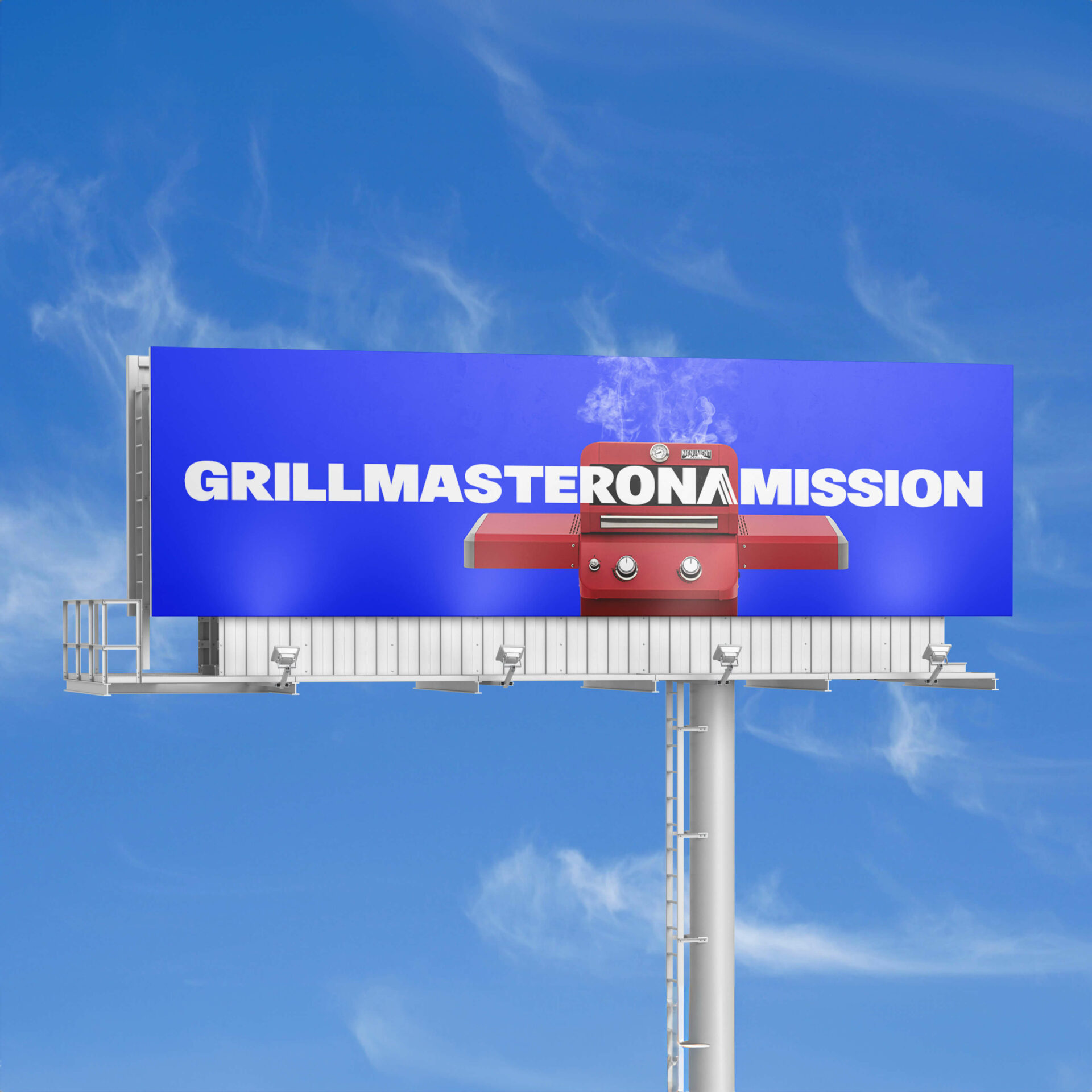 Outdoor billboard with RONA spring campaign message “GrillmasteRONAmission,” featuring a red barbecue on blue background.