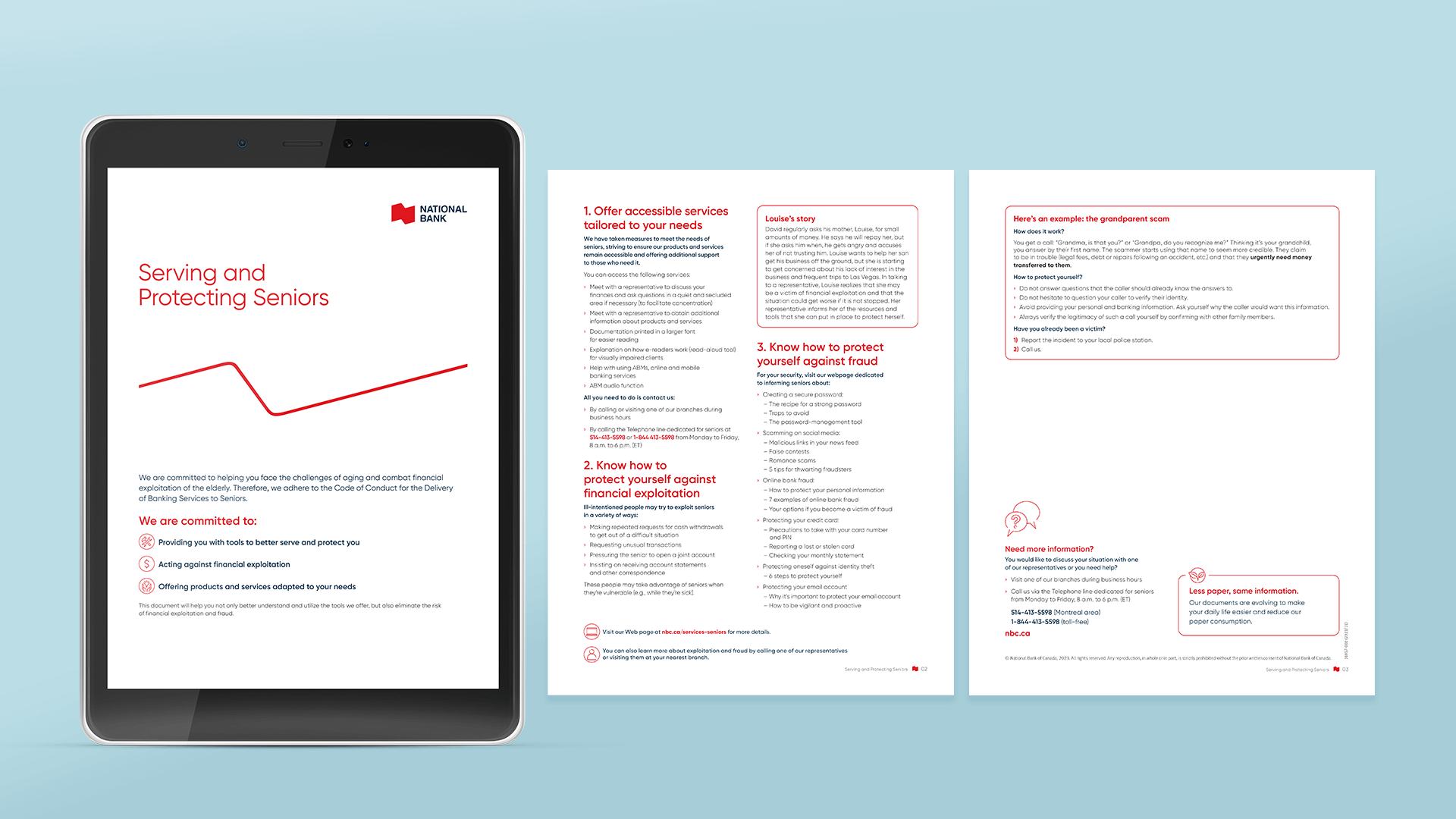 Accessible brochure from National Bank about serving and protecting seniors, displayed on a tablet