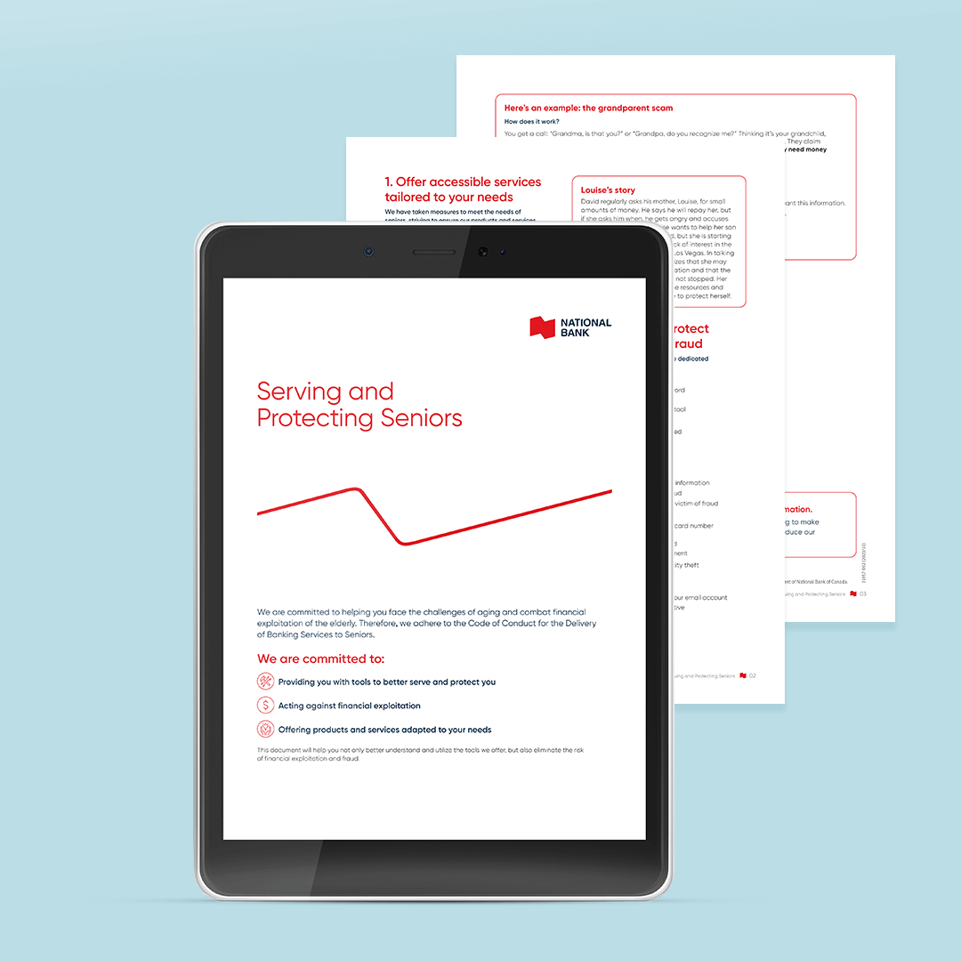 Accessible brochure from National Bank about serving and protecting seniors, displayed on a tablet