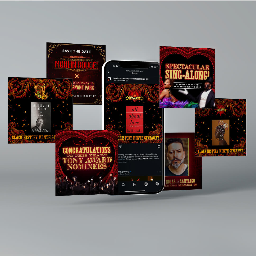 Ensemble de publications Instagram pour les réseaux sociaux pour promouvoir le spectacle Moulin Rouge.