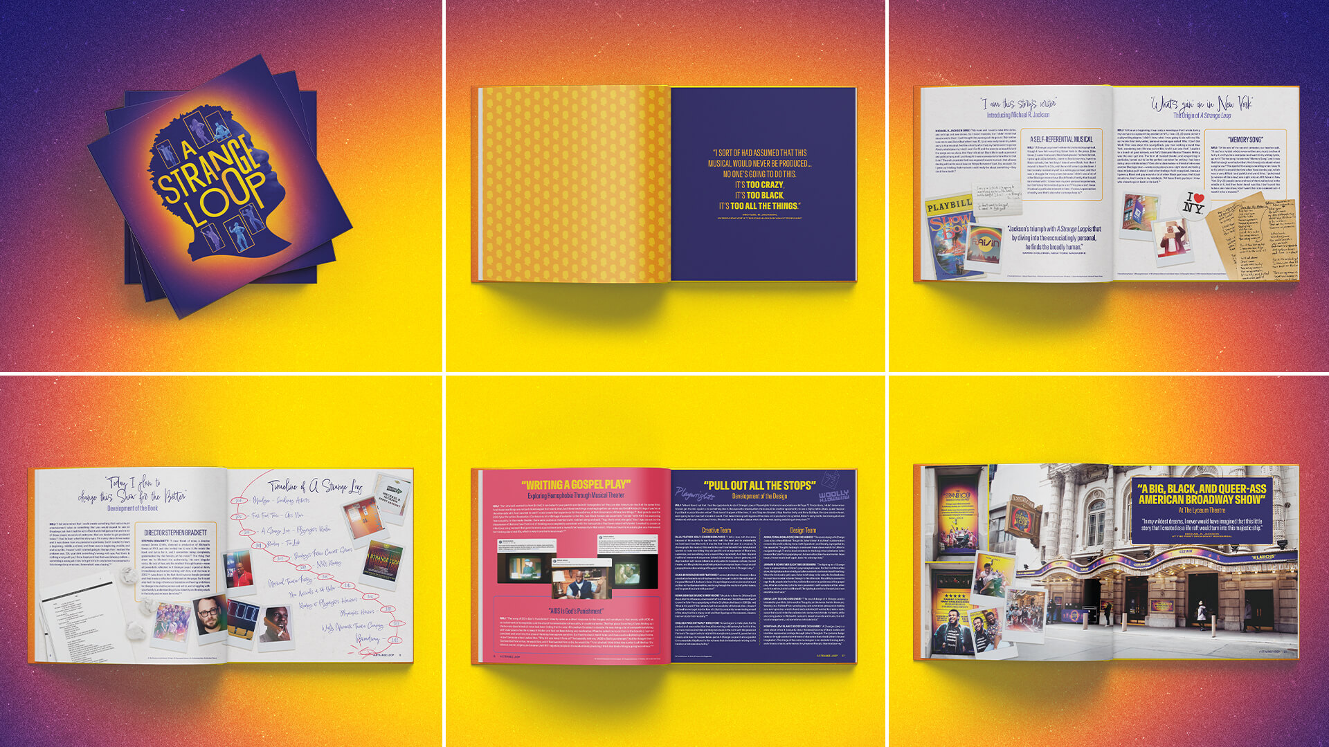 Pages ouvertes du livret souvenir A Strange Loop, présentant des informations sur la production, des frises chronologiques et des notes de conception.