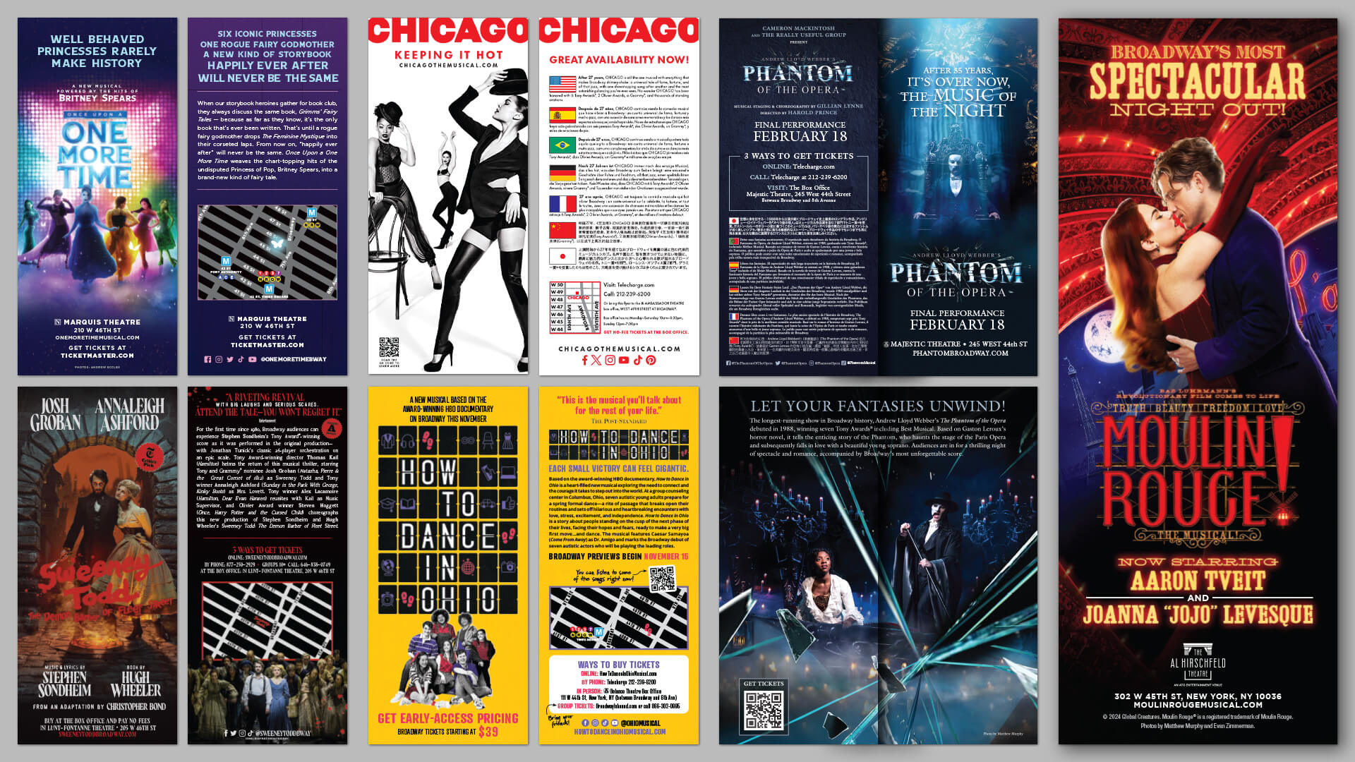 Collection d’affiches de diverses comédies musicales de Broadway, incluant Moulin Rouge et Chicago.