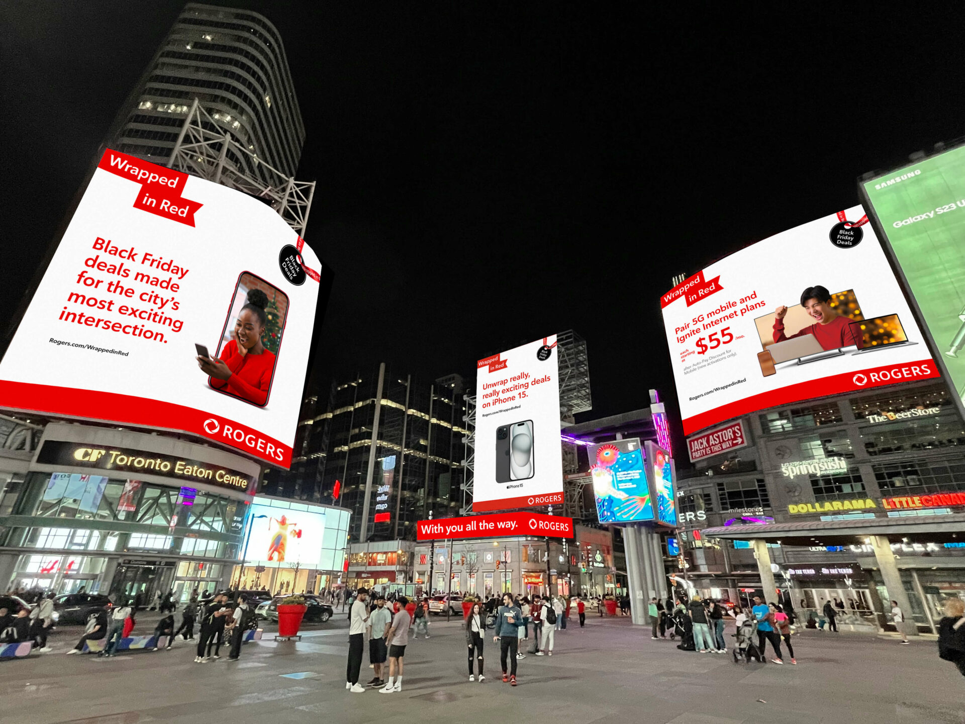 Rogers “Wrapped in red” campaign DOOH at Yonge-Dundas Square in Toronto.