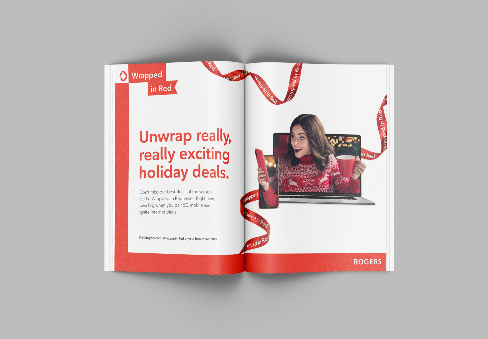 Rogers "Wrapped in red" magazine print ad showcasing holiday promotions.
