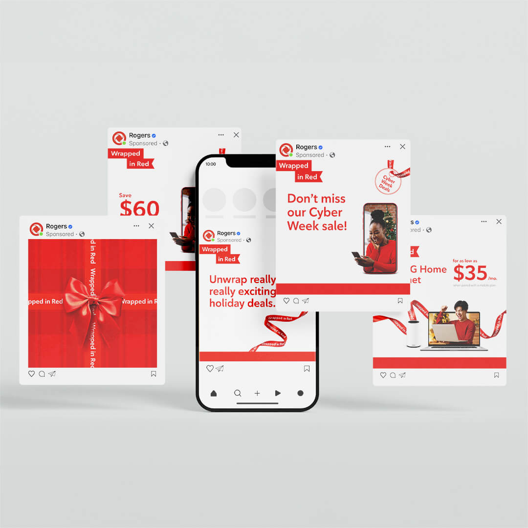 Rogers "Wrapped in red" social media posts with holiday promotions displayed on a smartphone.
