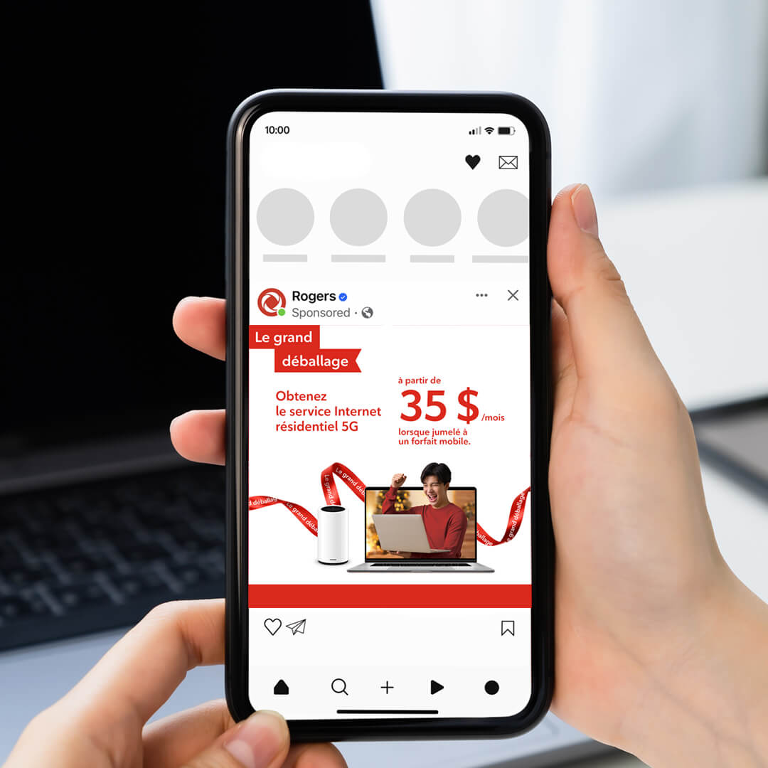 Publication Instagram Rogers « Le grand déballage » affichée sur téléphone portable avec offre d