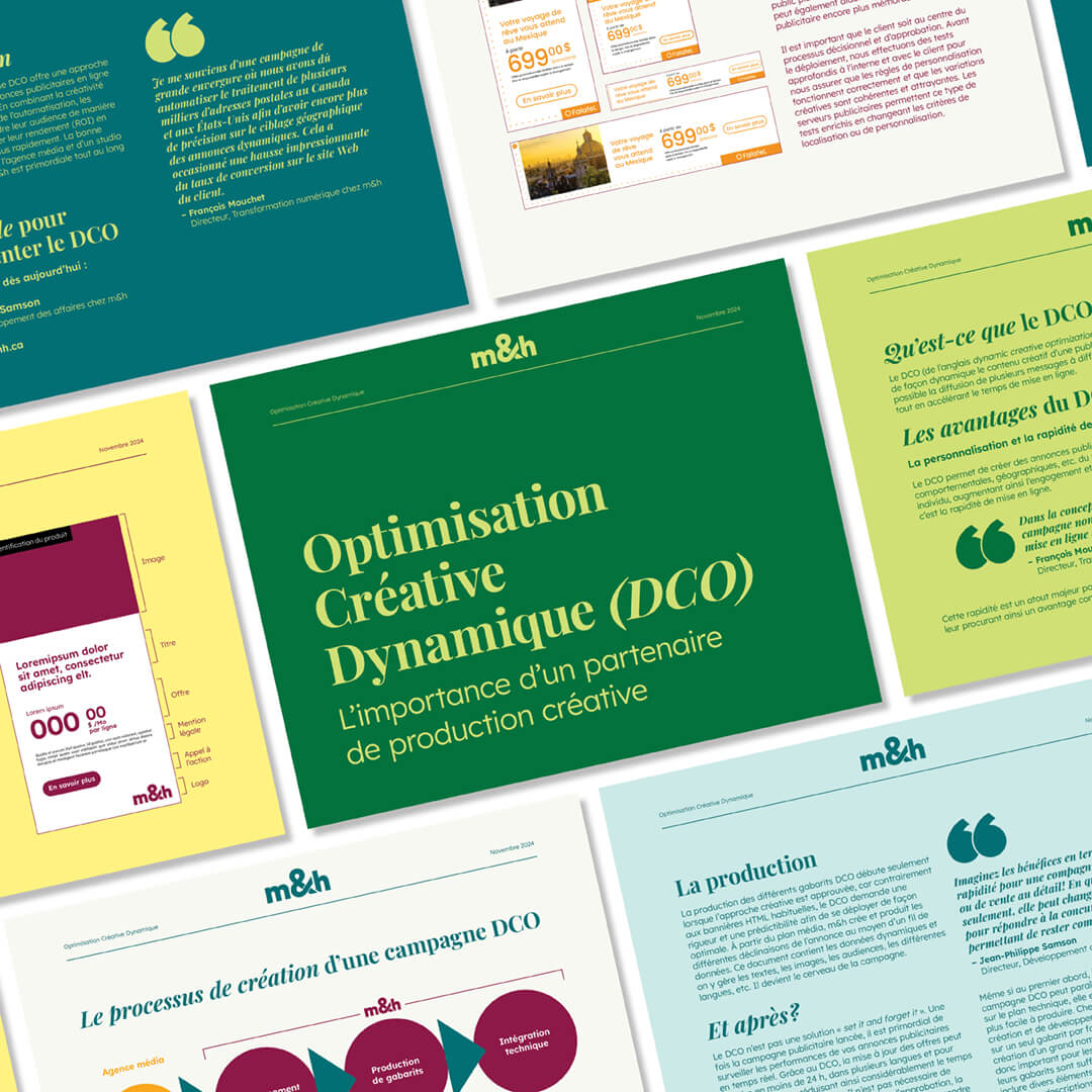 Aperçu du livre blanc m&h sur l’Optimisation Créative Dynamique (DCO), avec extraits visuels de contenu et de données clés