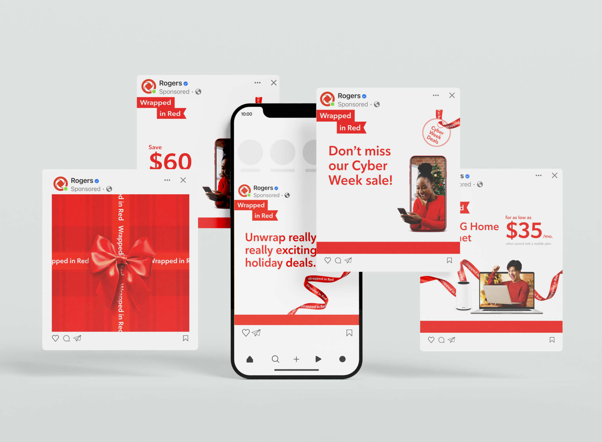 Rogers "Wrapped in red" social media posts with holiday promotions displayed on a smartphone.