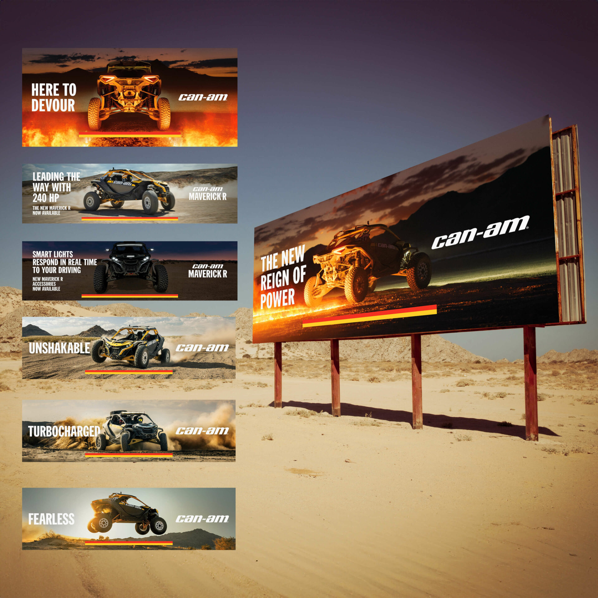 Can-Am of road billboard in a desert landscape with multiple visual variations of the 2024 campaign