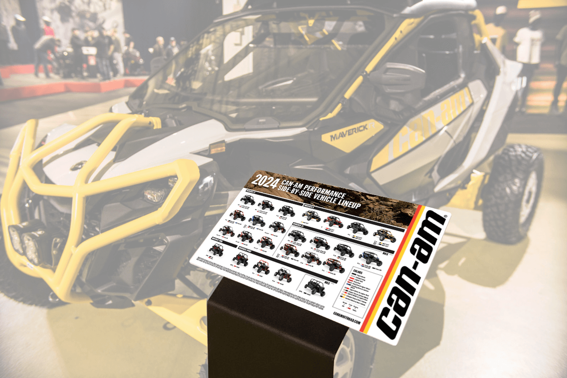 Display showcasing the Can-Am off road 2024 side-by-side vehicles lineup, with images and specifications of various models.