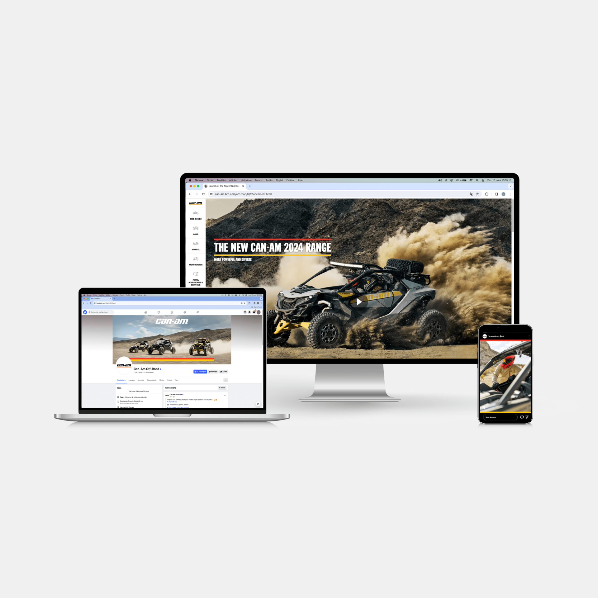 Can-Am 2024 visuals displayed on three screens: Facebook, website and Instagram story.