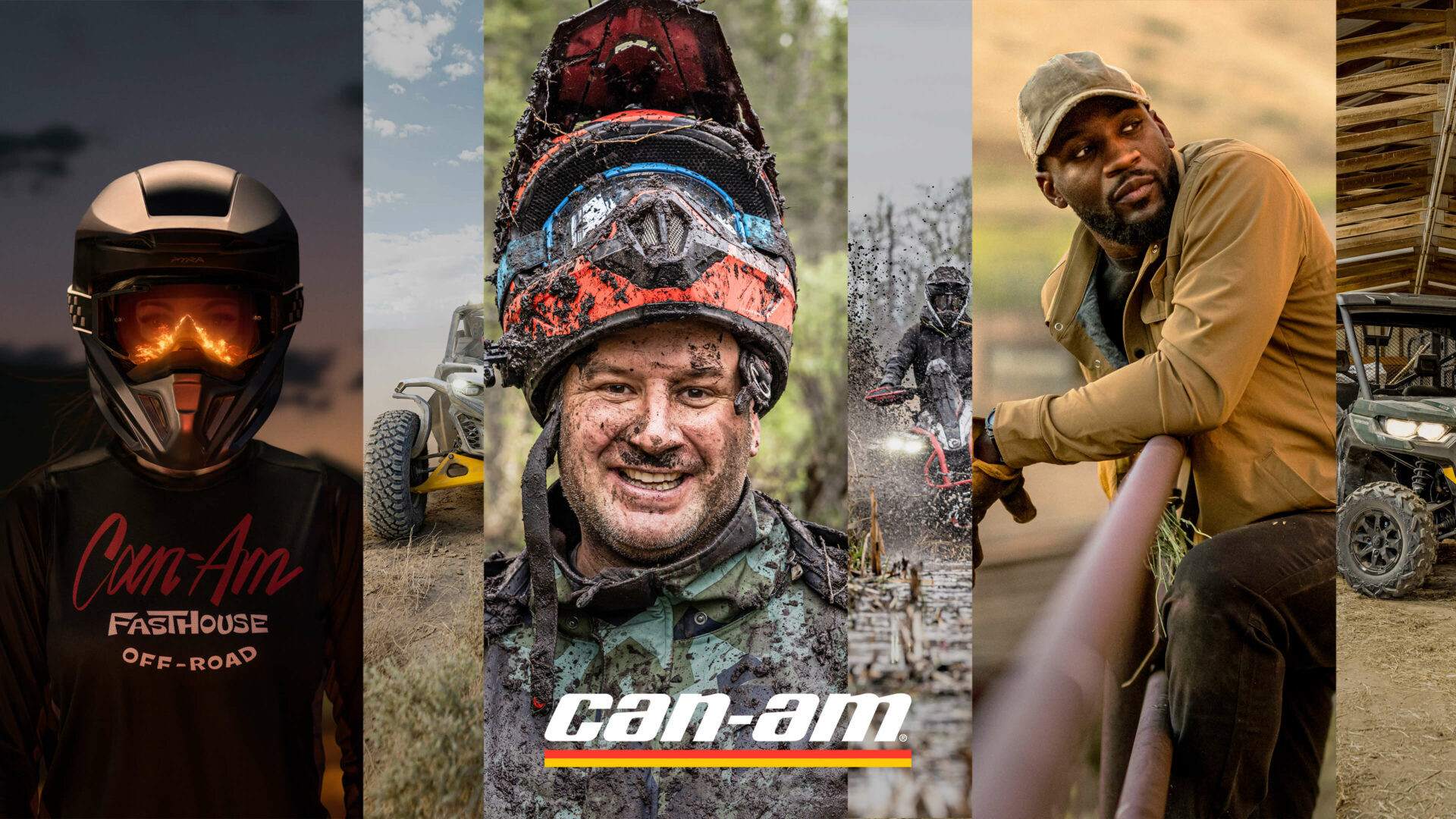 A collage of 3 images showcasing Can-Am riders and vehicles in rugged outdoor environments.