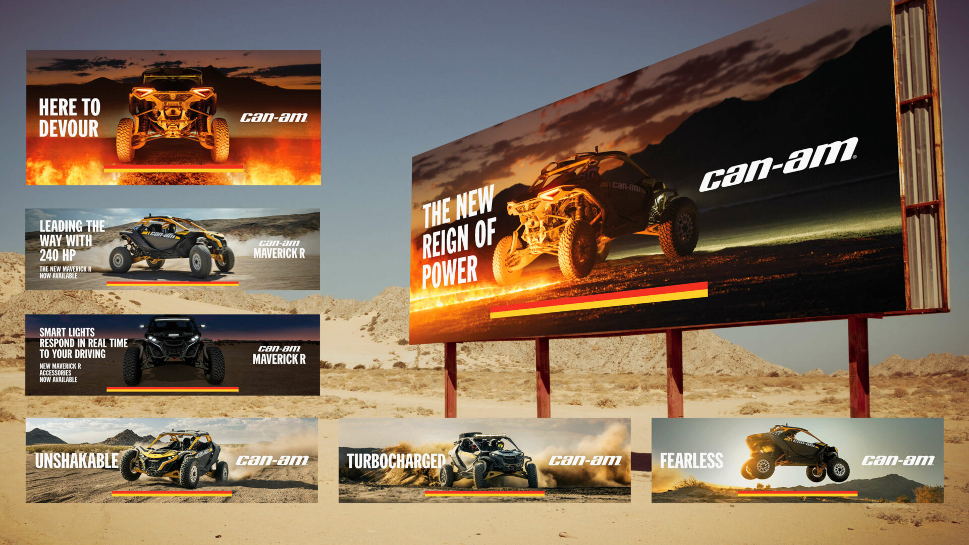 Panneau publicitaire Can-Am dans un paysage désertique, accompagné de plusieurs déclinaisons visuelles de la campagne