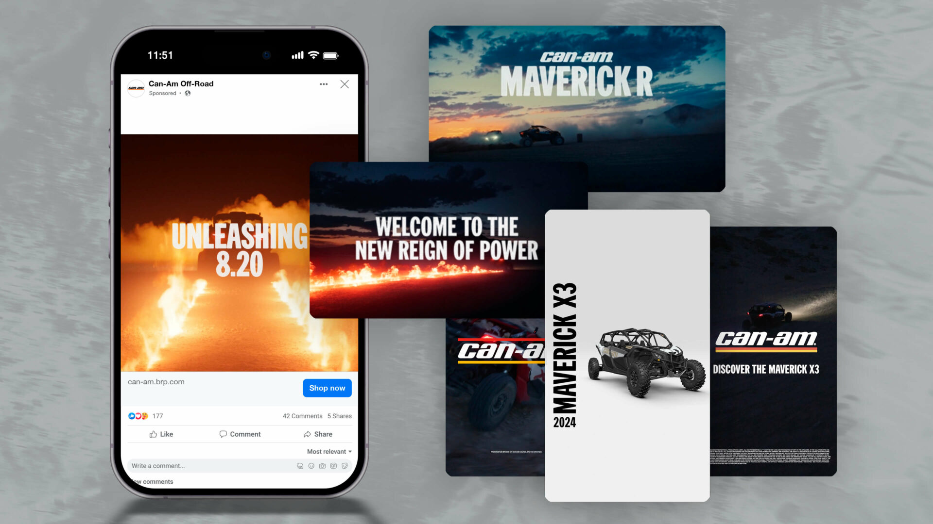 Can-Am Off-Road social media posts displayed on a mobile phone
