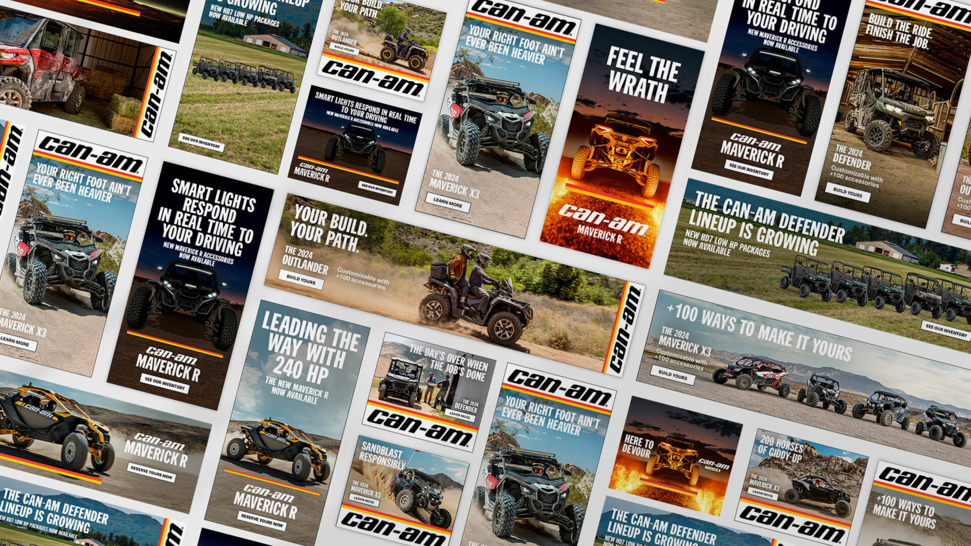 Mosaic of digital banners from the 2024 Can-Am Off-Road campaign, shown in multiple formats.