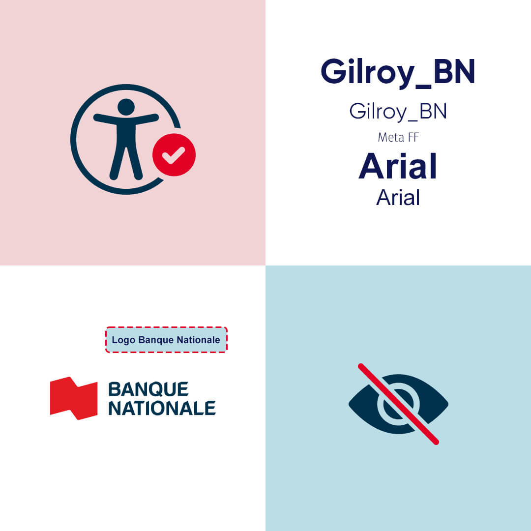Visuel sur les règles d’accessibilité web de la Banque Nationale : icônes, polices et logo officiel