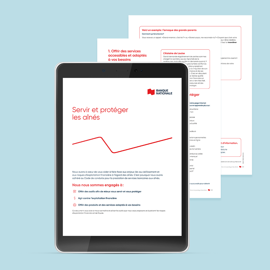 Brochure accessible de la Banque Nationale sur servir et protéger les aînés, affiché sur une tablette.