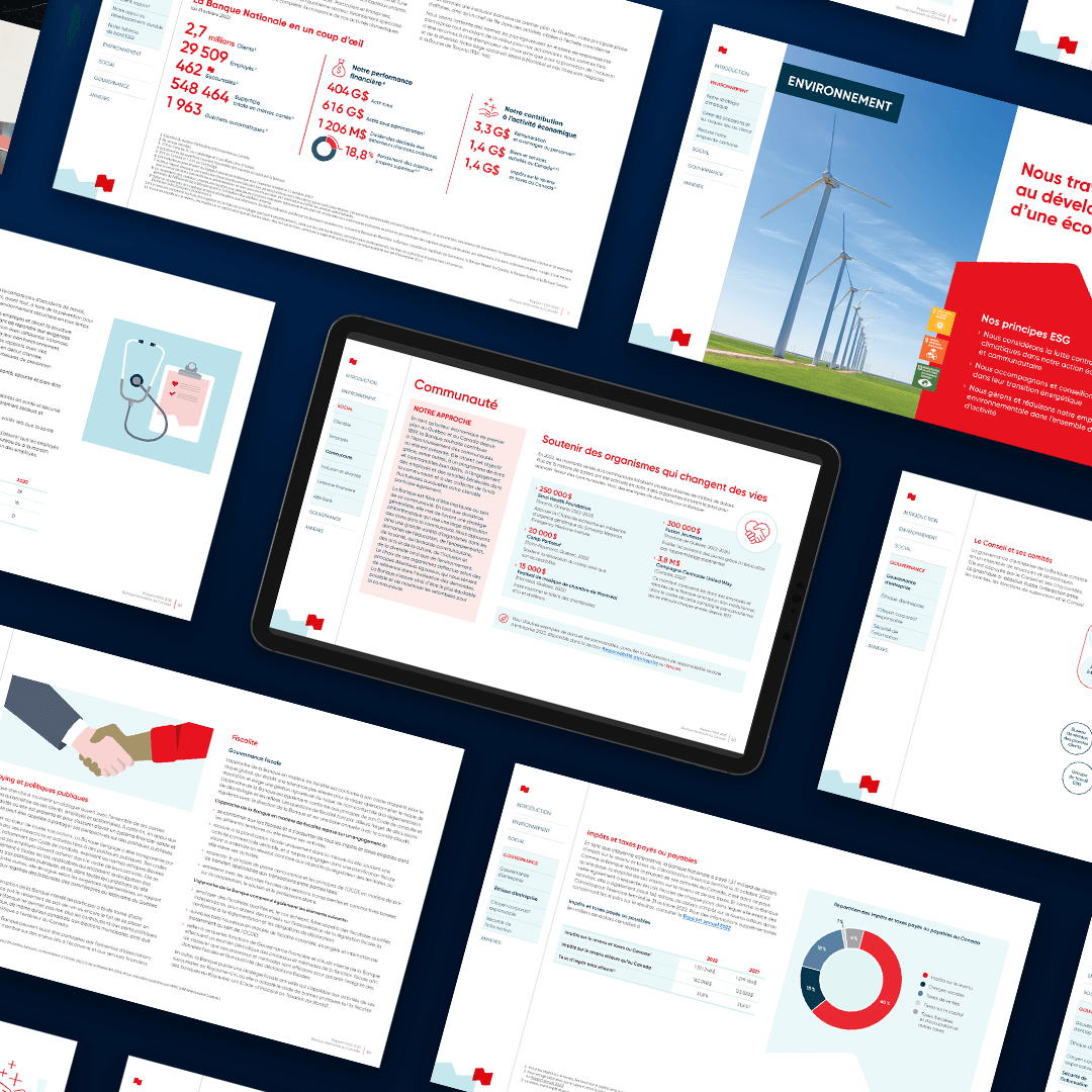 Mosaïque des pages du rapport ESG 2022 de la Banque Nationale.