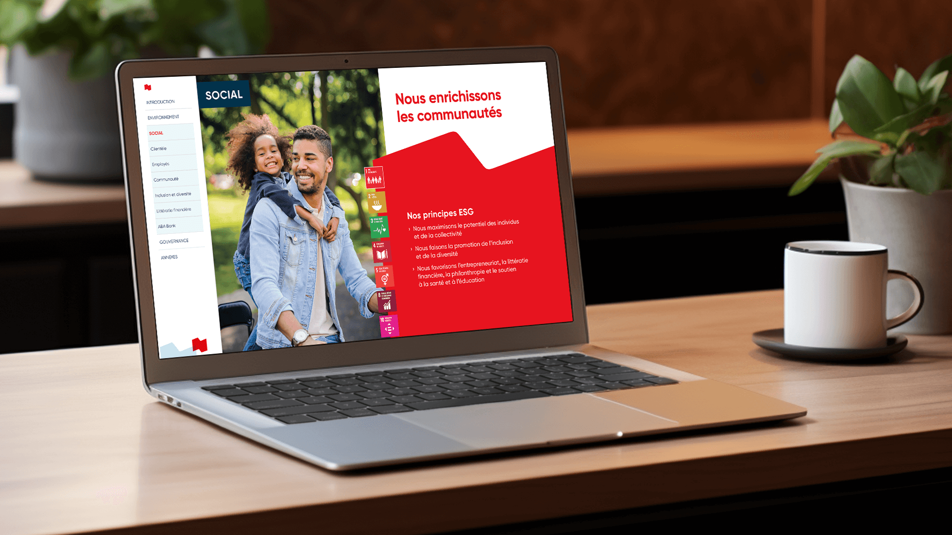 Page du rapport ESG de la Banque Nationale affichée sur ordinateur portable.