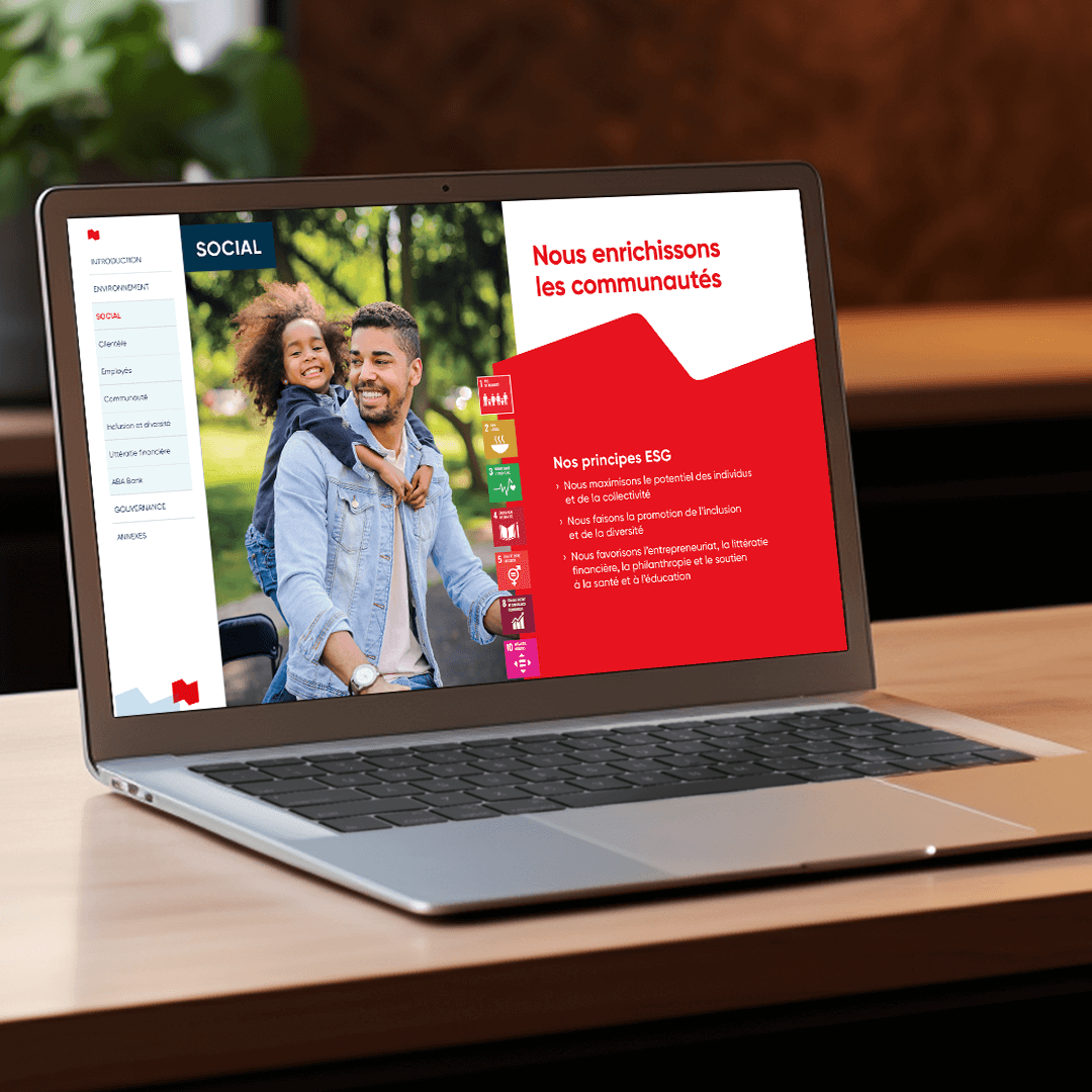 Page du rapport ESG de la Banque Nationale affichée sur ordinateur portable.