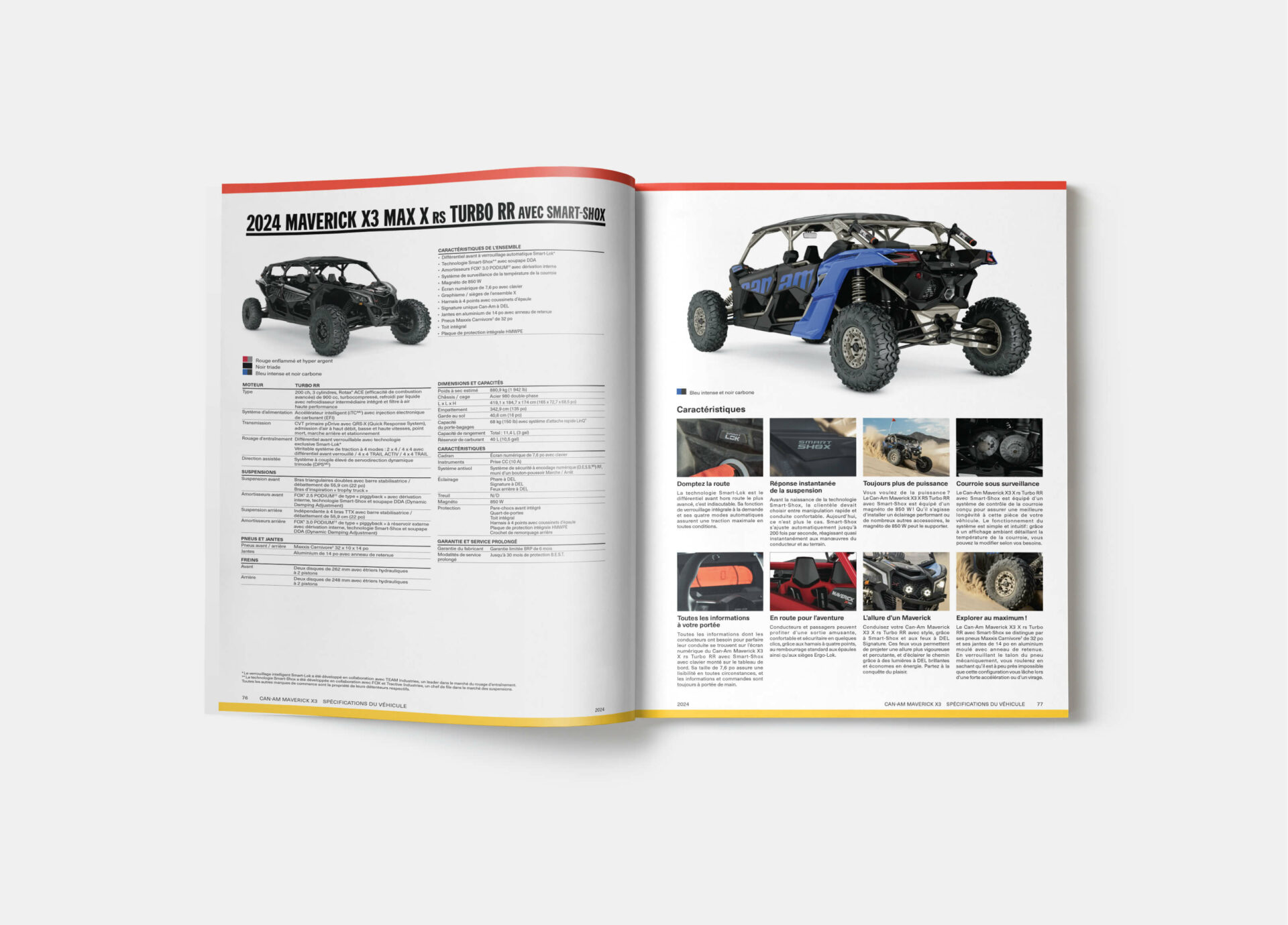 Double page de brochure BRP présentant la fiche technique détaillée du Can-Am Maverick X3 2024 avec visuels et données clés.