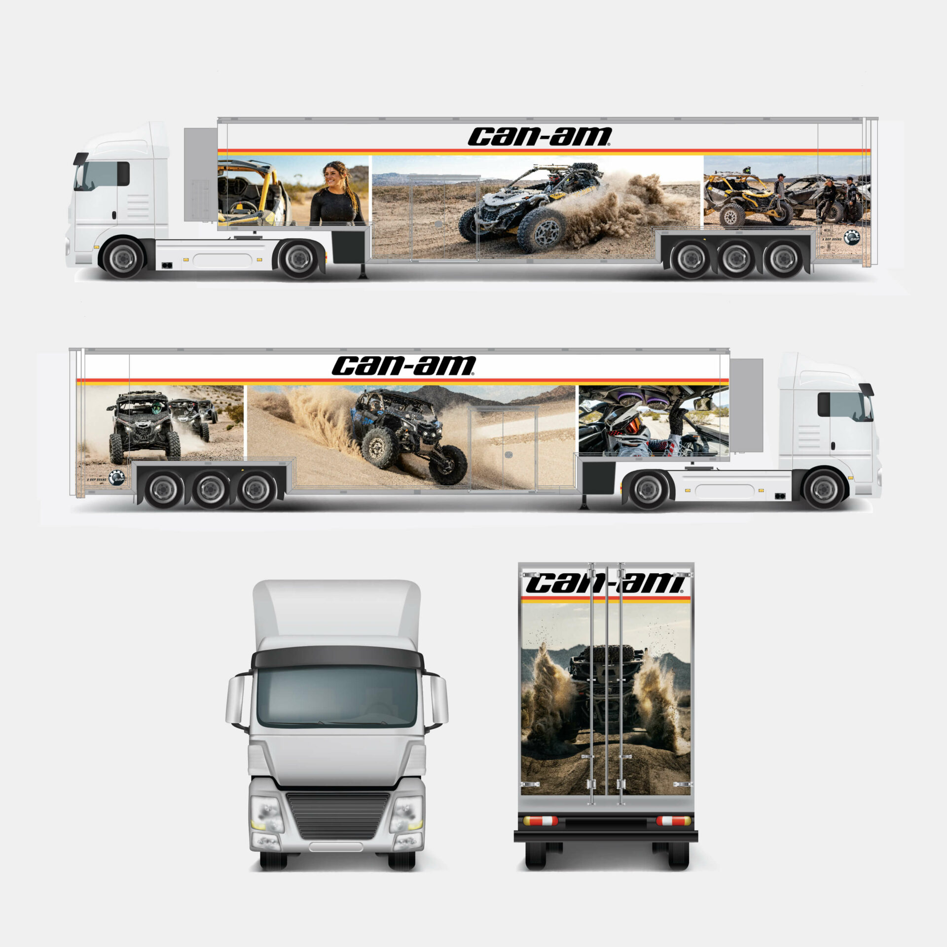 Camions habillés aux couleurs de la marque Can-Am, avec des visuels des véhicules tout-terrain.