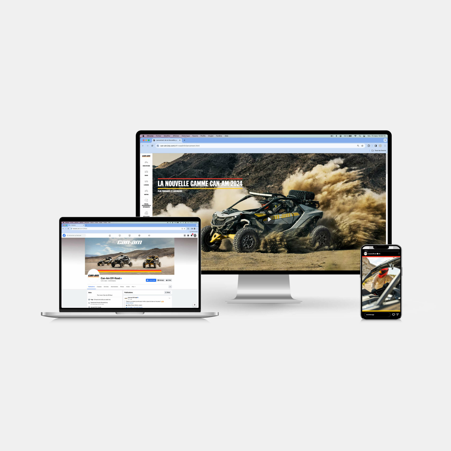 Visuels Can-Am 2024 déployés sur 3 écrans : Facebook, site web et story Instagram, avec véhicule tout-terrain en action
