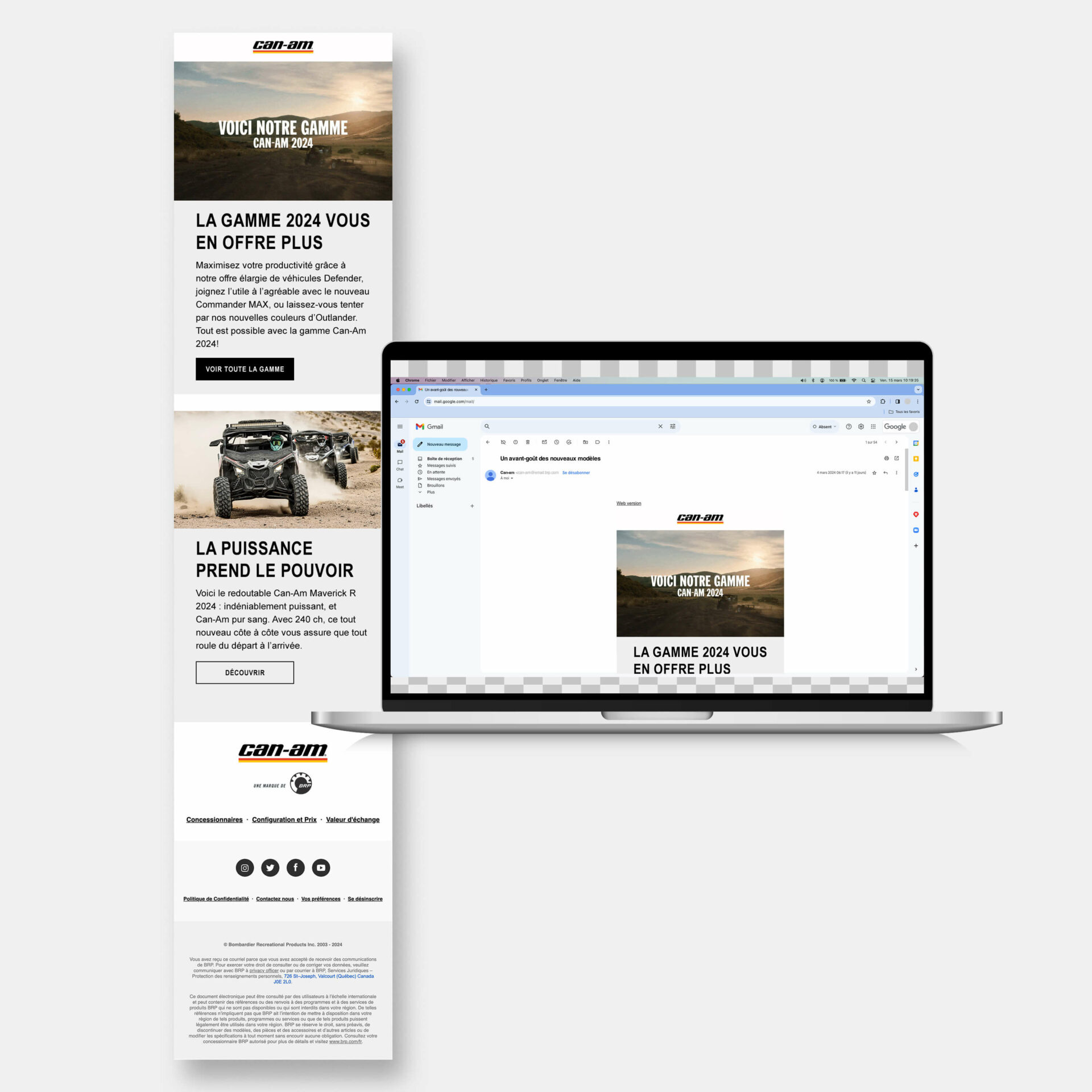 Courriel promotionnel de la gamme Can-Am 2024 affiché sur écran d’ordinateur portable.