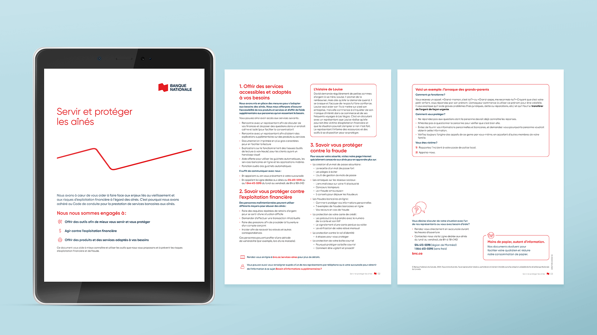 Feuillet accessible de la Banque Nationale sur servir et protéger les aînés, affiché sur une tablette.