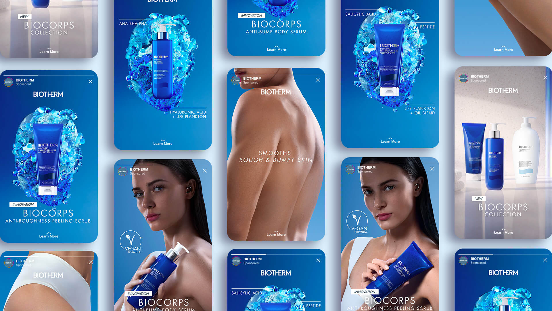 Mosaic of L’Oréal Canada Biocorps social media stories showcasing skincare products and promotional campaigns